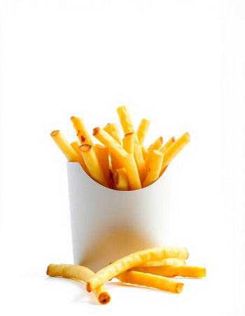 French fries in paper box isolated on white background. Selective focus.