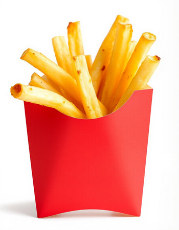 French fries in a red box on a white background. Isolated