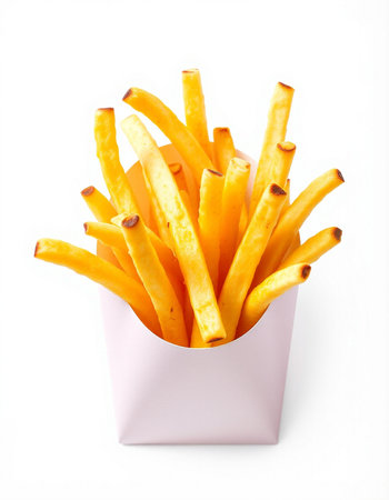 French fries in paper box isolated on white background. Selective focus.