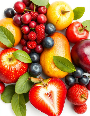 Fruits and berries isolated on white background. Healthy food concept.