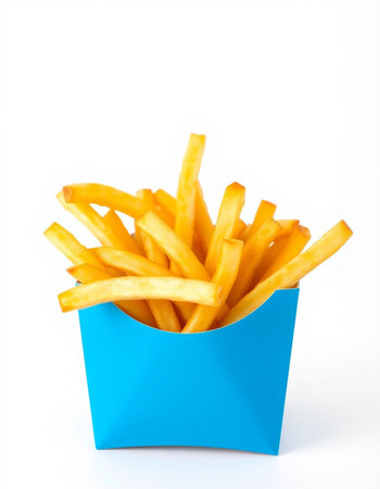 French fries in blue box isolated on white background,selective focus
