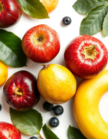 Fresh fruits and berries on white background, top view. Healthy foodの写真素材