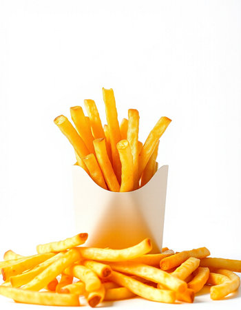 French fries in a paper box on a white background. Isolated