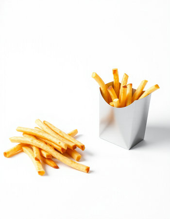 French fries in a white box on a white background with copy space