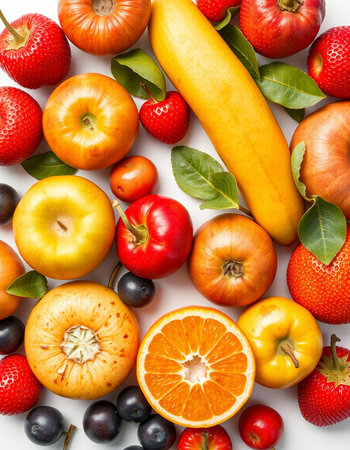 Fruits and vegetables isolated on a white background. Top view.の写真素材