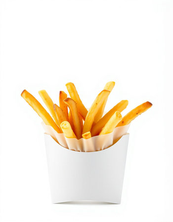 French fries in paper box isolated on white background. Fast food.
