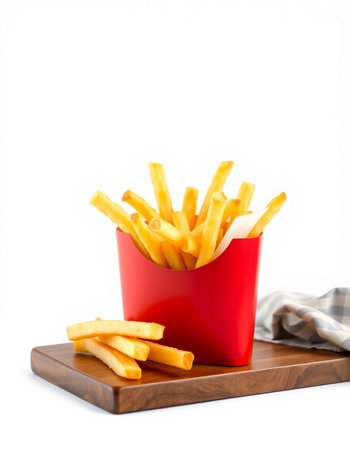 French fries in a red box on a wooden board on a white background