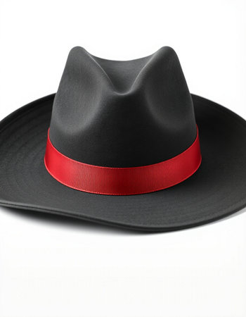 Black hat with red ribbon isolated on white background, clipping path includedの写真素材