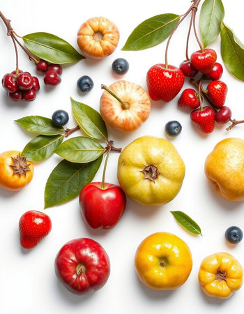 Fruits and berries on white background. Flat lay, top view
