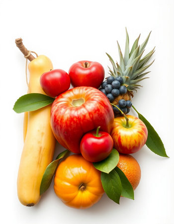 Fruits and vegetables isolated on white background. Healthy food concept.