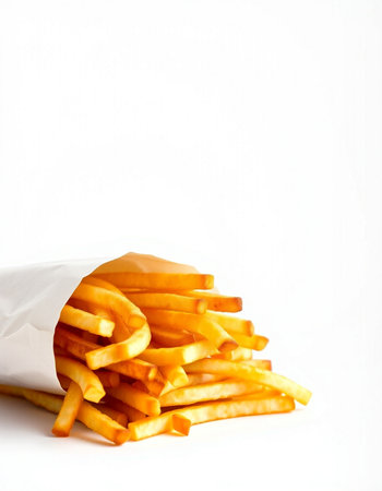 French fries in paper bag isolated on white background. Fast food.の写真素材