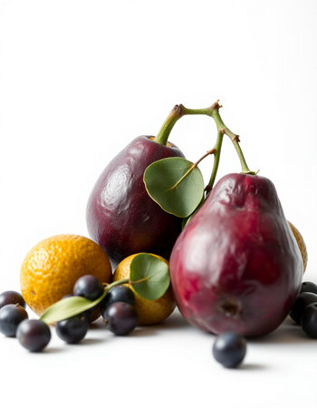 Still life of fresh fruits on white background, studio shot, selective focusの写真素材