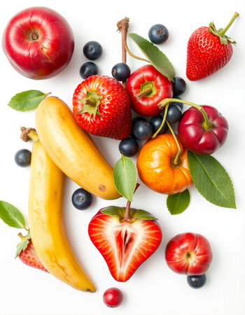 Fresh fruits and berries isolated on white background. Top view. Flat lay.の写真素材