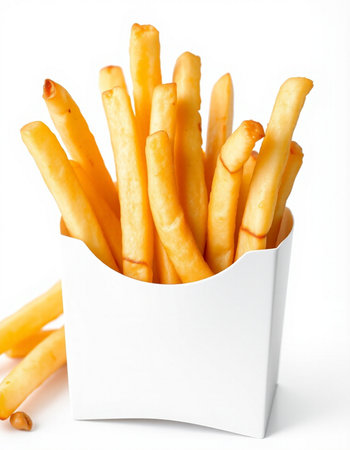 French fries in a white box on a white background close-up