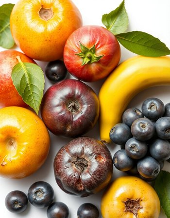Fruits and vegetables isolated on a white background. Top view.