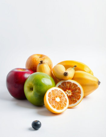 Fruits isolated on white background. Banana, orange, grapefruit, appleの写真素材