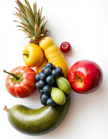 Fresh fruits and vegetables isolated on white background. Healthy food concept.の写真素材