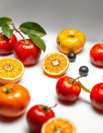 Healthy fruits and vegetables on white background. Healthy food concept.の写真素材