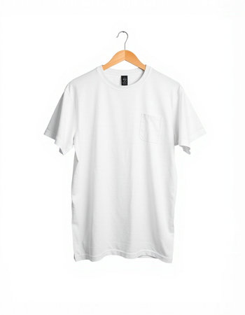 White t-shirt on hanger isolated on white background. Clipping path included.