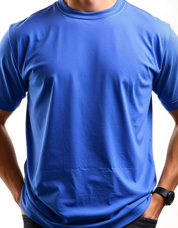 Man in blank blue t-shirt on white background, closeupの写真素材