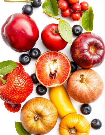 Fruits and vegetables isolated on a white background. Top view.
