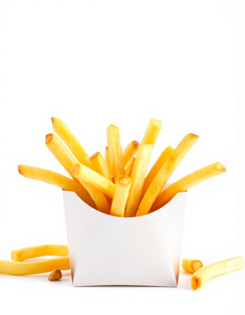 French fries in a white box on a white background. Isolated