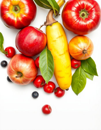 Fresh fruits and vegetables isolated on white background. Healthy food concept.の写真素材