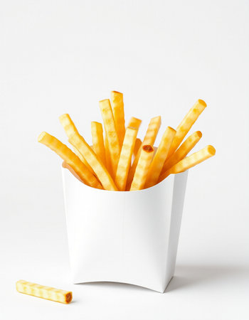 French fries in a white box on a white background. Fast food.