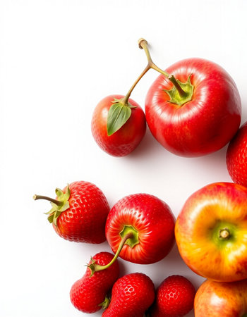 Red apples and strawberries on a white background, close-up.の写真素材