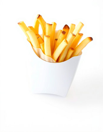 French fries in a white box on a white background. Isolated