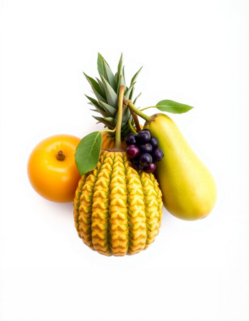 Fruits isolated on white background. Pineapple, pears, grapes and melonの写真素材