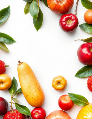 Fruits and vegetables on white background. Flat lay, top viewの写真素材