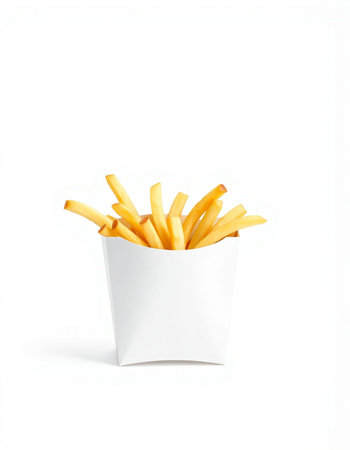 French fries in a white box on a white background. Isolated