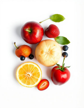 Fruits and berries isolated on white background. Top view. Flat lay.の写真素材