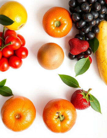 Fruits and vegetables on a white background. Flat lay, top viewの写真素材