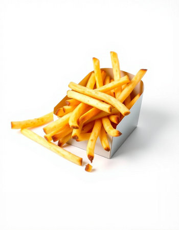 French fries in a box on a white background. Fast food.