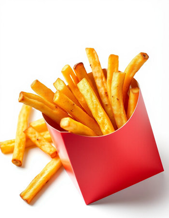 French fries in a red box isolated on white background. Selective focus.
