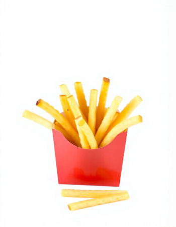 French fries in red box isolated on white background. Fast food.
