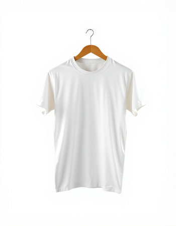 White t-shirt on hanger isolated on white background. Clipping path included.の写真素材