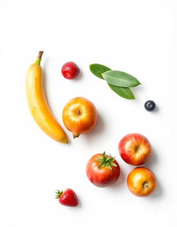 Fruits on white background. Flat lay, top view, copy spaceの写真素材