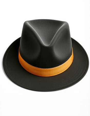 Black hat with orange ribbon isolated on white background. 3d illustrationの写真素材