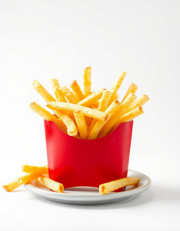 French fries in a red box on a white background, fast food