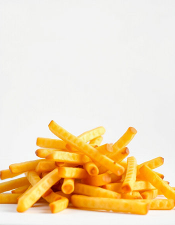 Golden French fries potatoes on white background with copy space for text.の写真素材