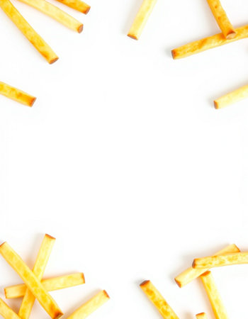 Frame made of french fries isolated on white background. Top view.の写真素材