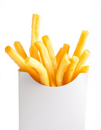 French fries in paper box isolated on white background. Close up.