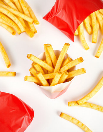 French fries in a red package on a white background. Fast food.