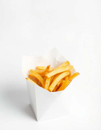 French fries in a paper box on a white background, fast food