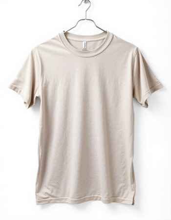 Blank beige t-shirt on hanger isolated on whiteの写真素材