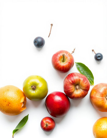 Fruits on white background top view. Flat lay pattern with fruits.
