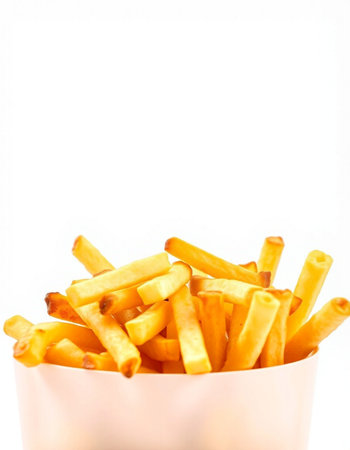 French fries on white background. Selective focus. Shallow depth of field.